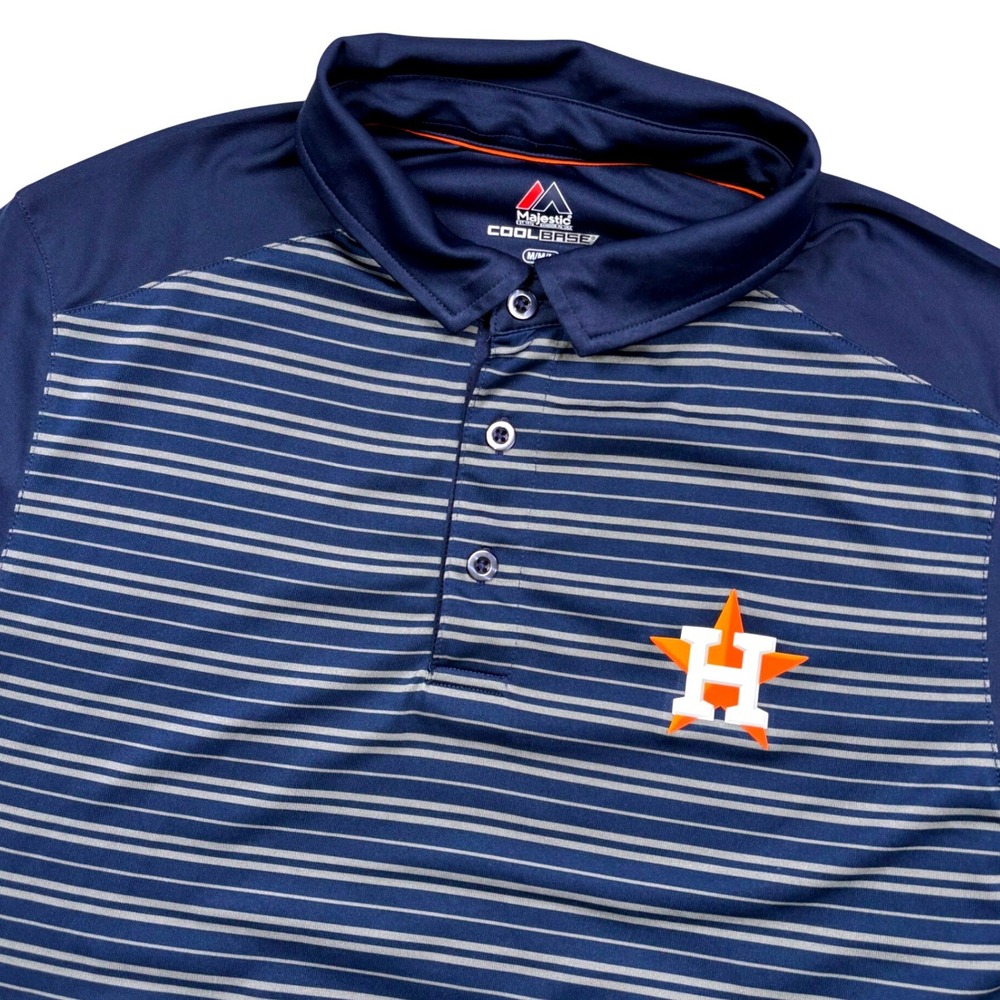Majestic Houston Astros Polo Men M (FIT S) Navy Blue Gray Stripe Performance MLB